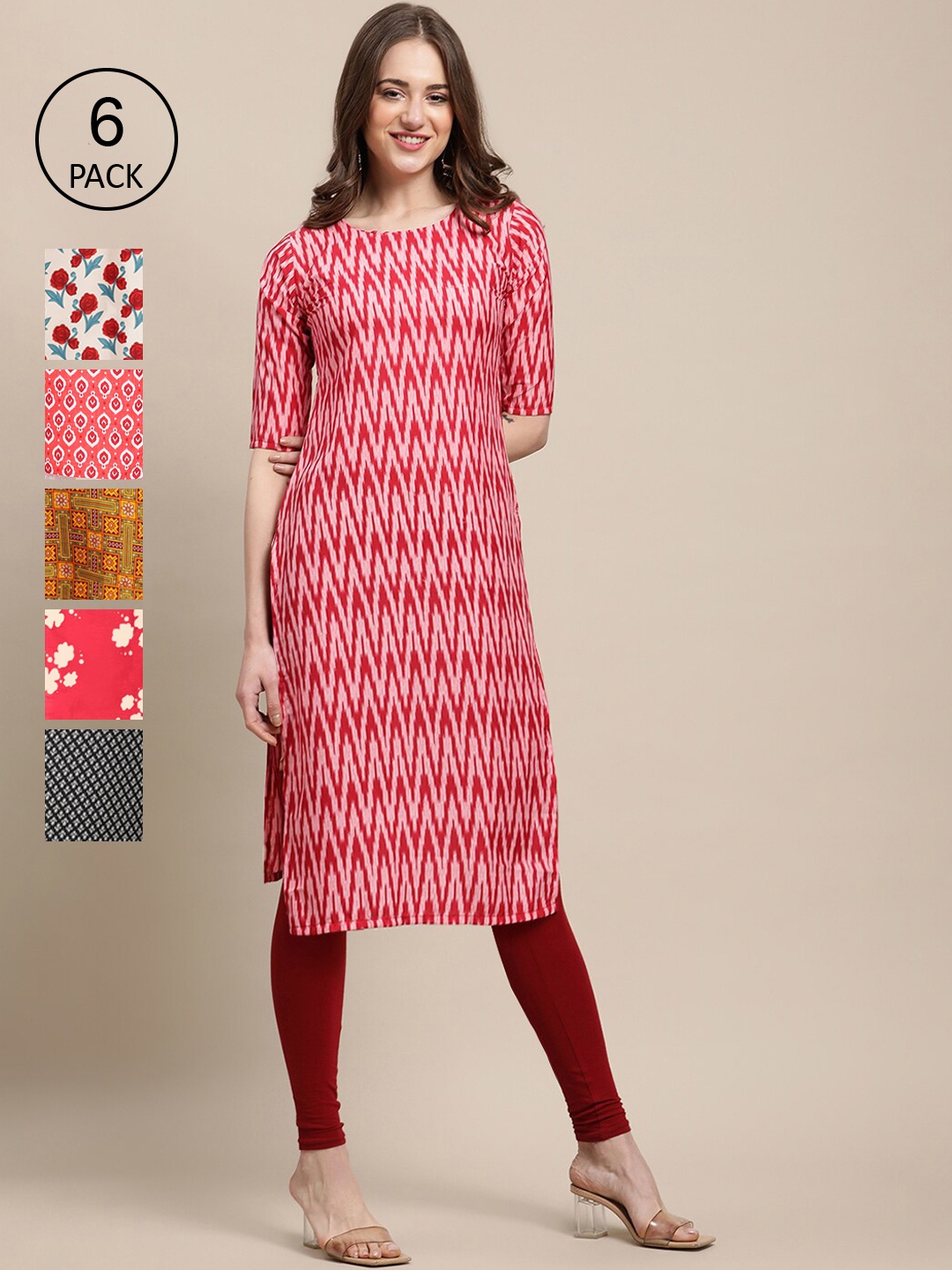 

7Threads Women Pack of 6 Red & Black Printed Block Print Crepe Kurta