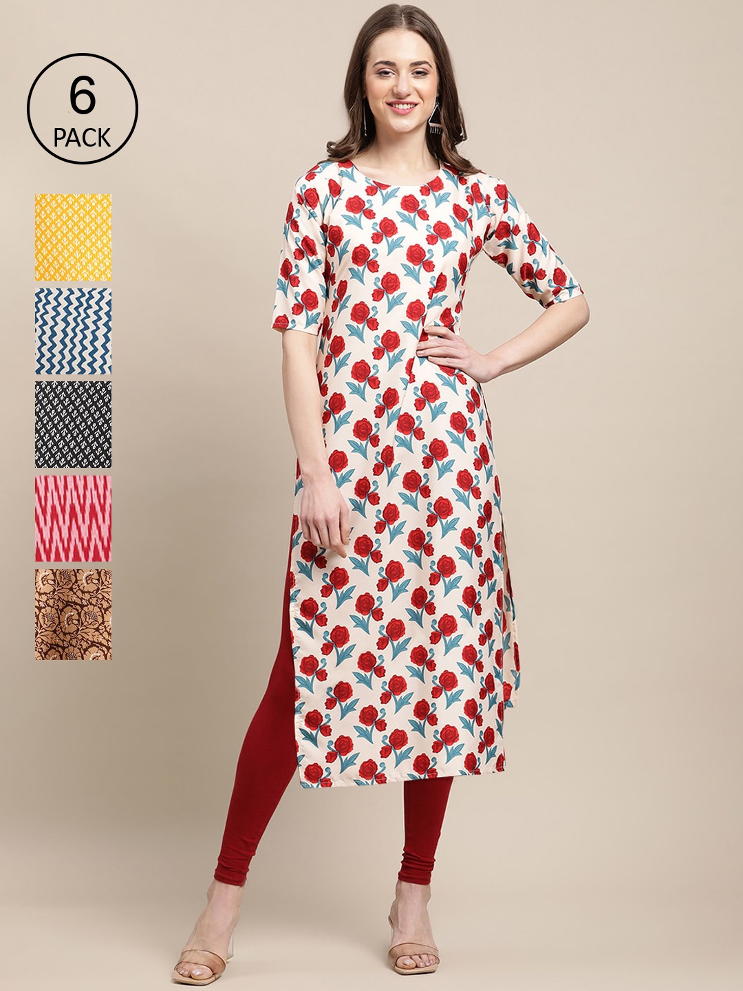 

7Threads Pack of 6 Women Multicoloured & Yellow Floral Printed Crepe Kurta, Multi