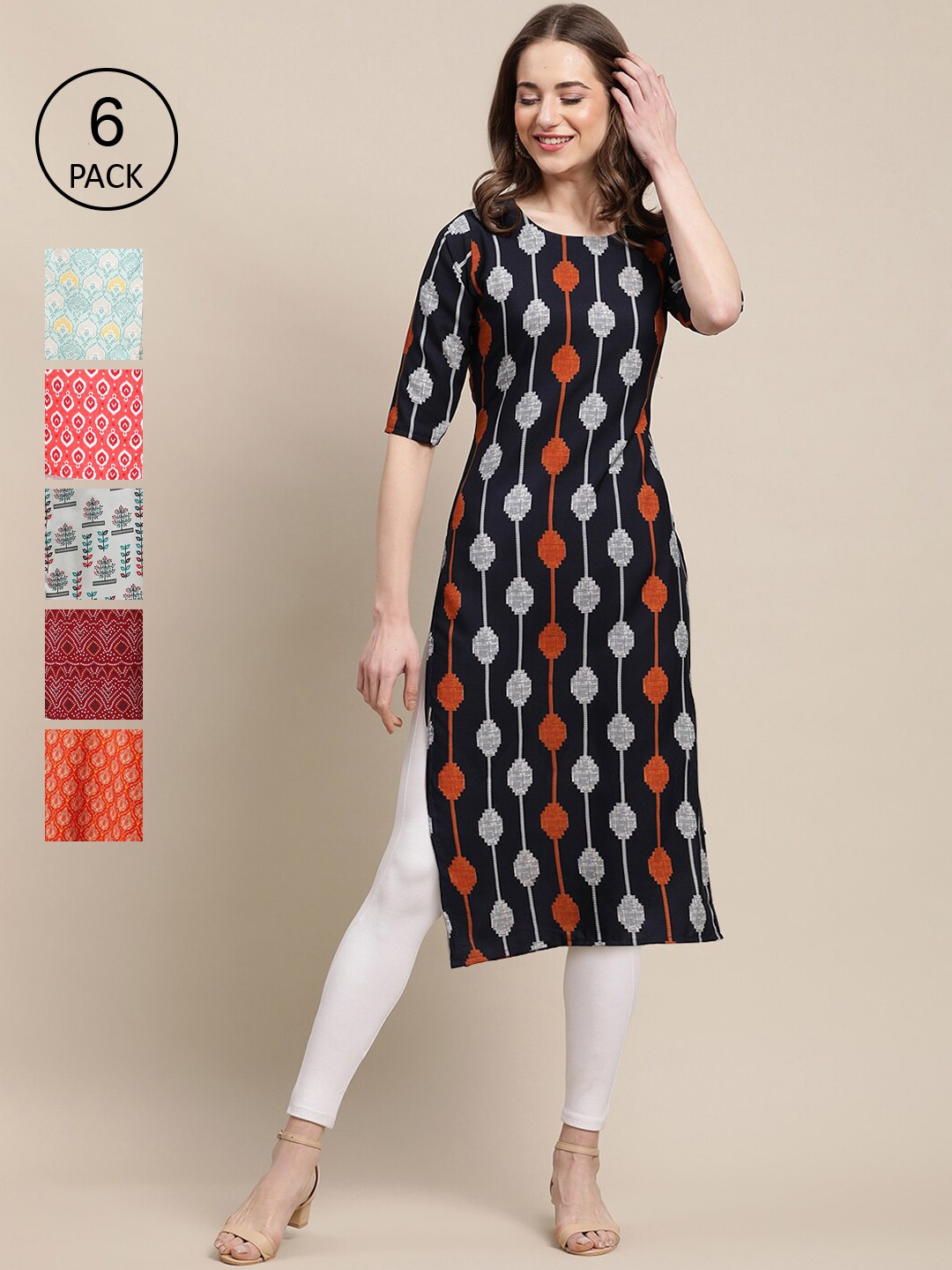 

7Threads Women Pack of 6 Geometric Printed Block Print Crepe Kurta, Black