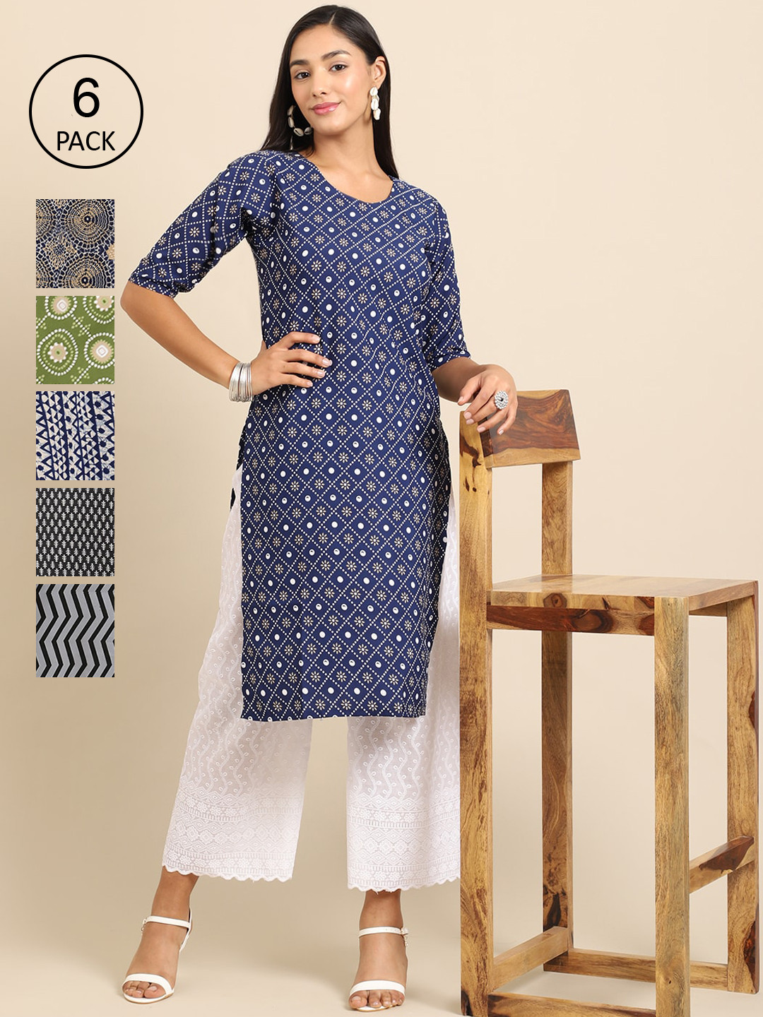 

7Threads Women Pack Of 6 Multicoloured Geometric Printed Block Print Crepe Kurta, Multi