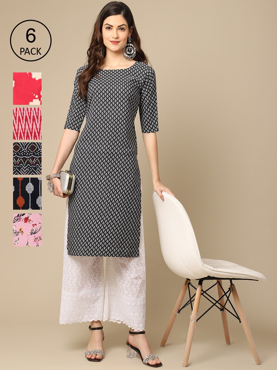 

7Threads Women Pack Of 6 Multicoloured Ethnic Motifs Printed Block Print Crepe Kurta, Multi