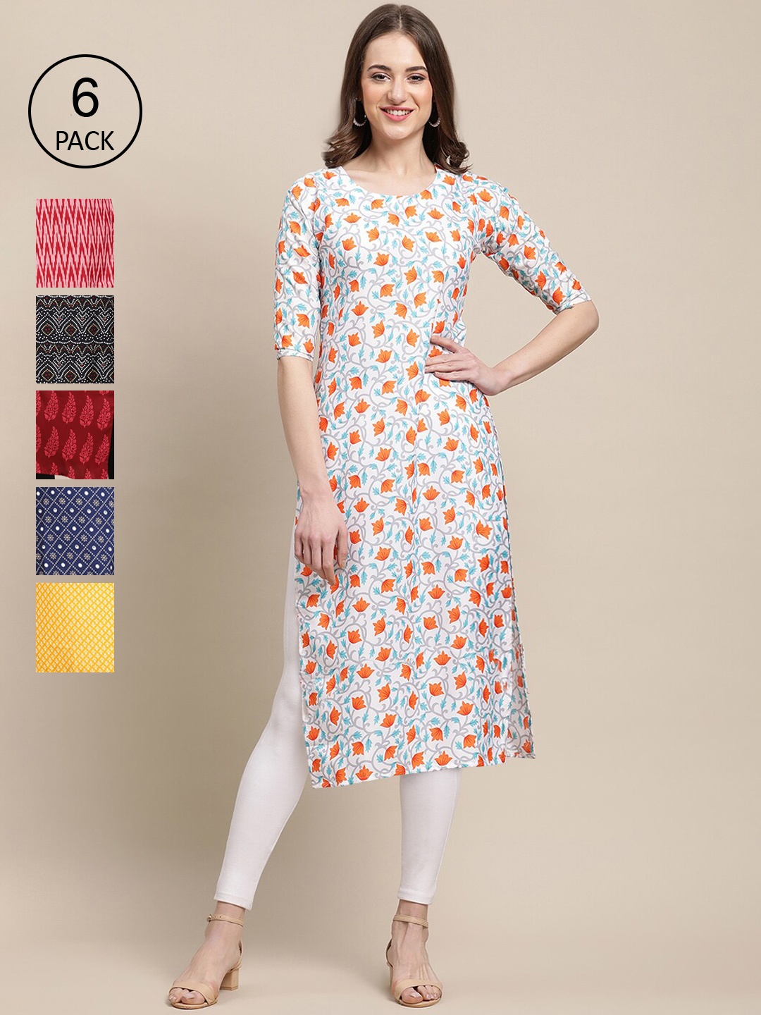 

7Threads Women Pack Of 6 Multicoloured Floral Printed Block Print Crepe Kurta, Multi