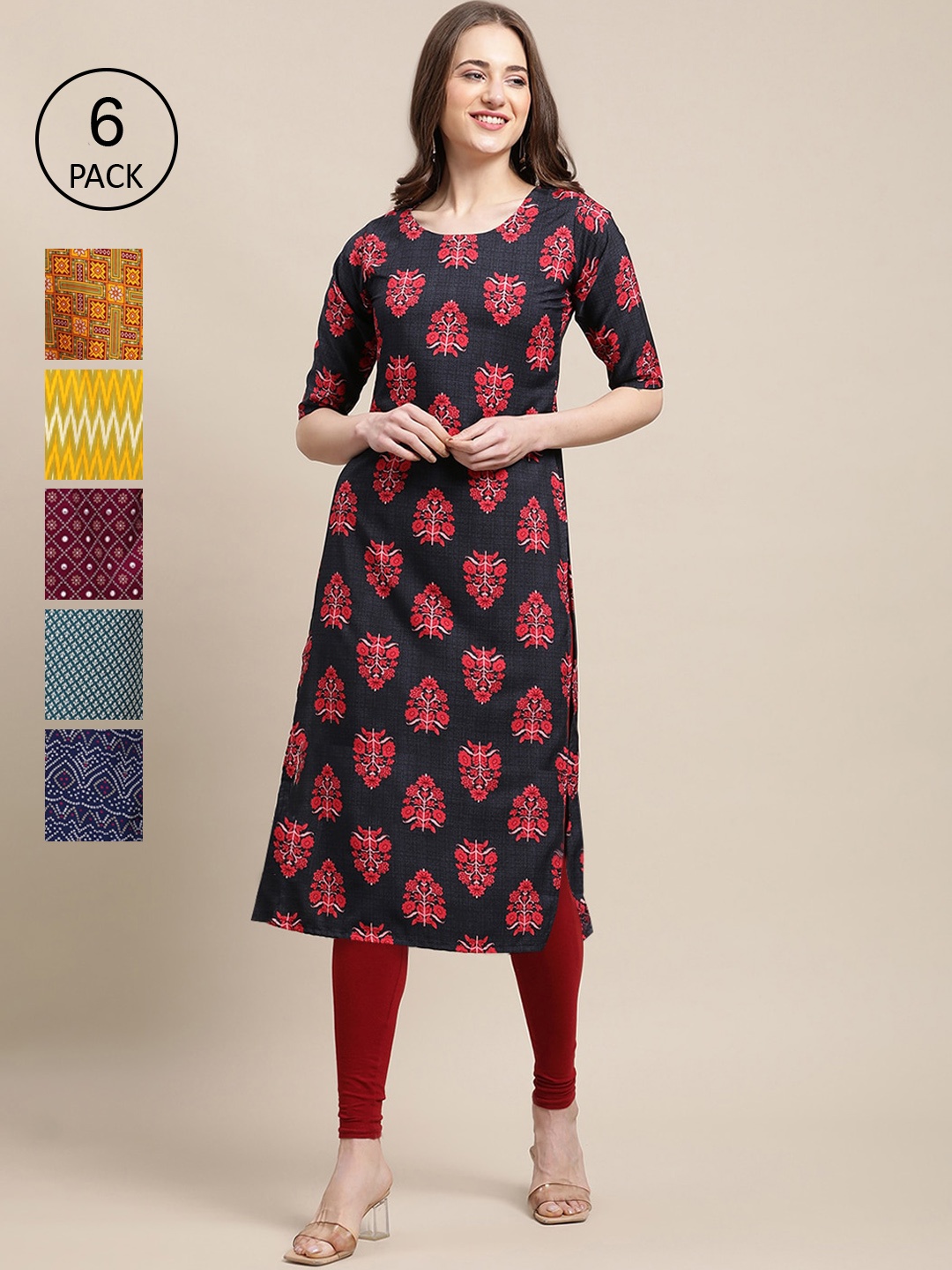 

7Threads Women Pack Of 6 Multicoloured Geometric Printed Block Print Crepe Kurta, Multi