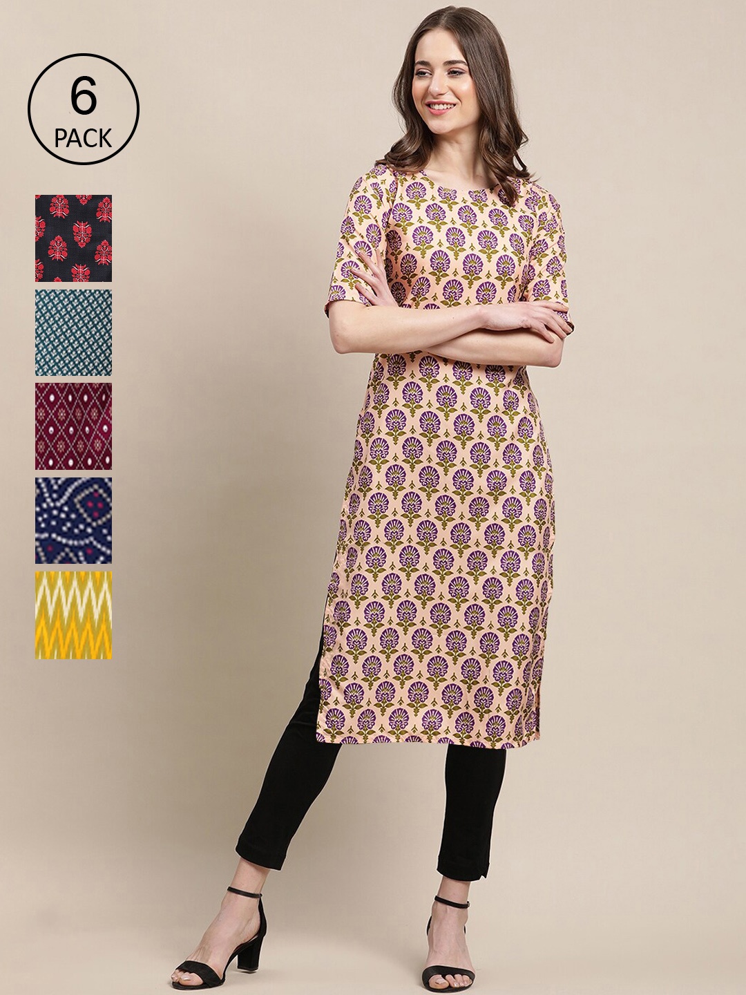 

7Threads Women Pack Of 6 Geometric Printed Crepe Kurta, Red