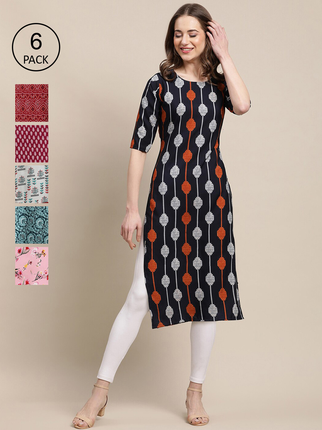 

7Threads Women Pack Of 6 Geometric Printed Crepe Kurta, Red