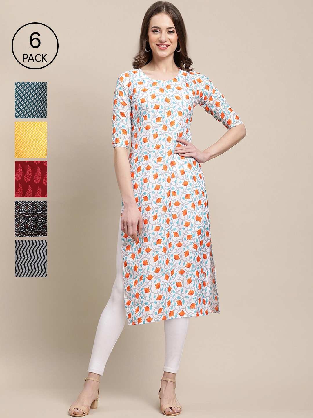 

7Threads Women Pack Of 6 Geometric Printed Crepe Kurta, White