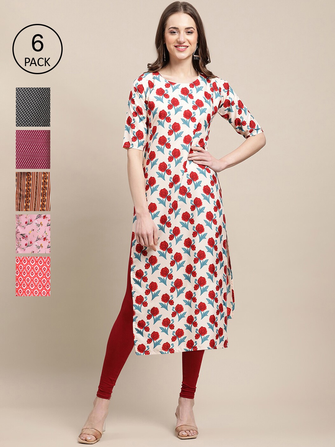 

7Threads Women Pack Of 6 Geometric Printed Crepe Kurta, Pink