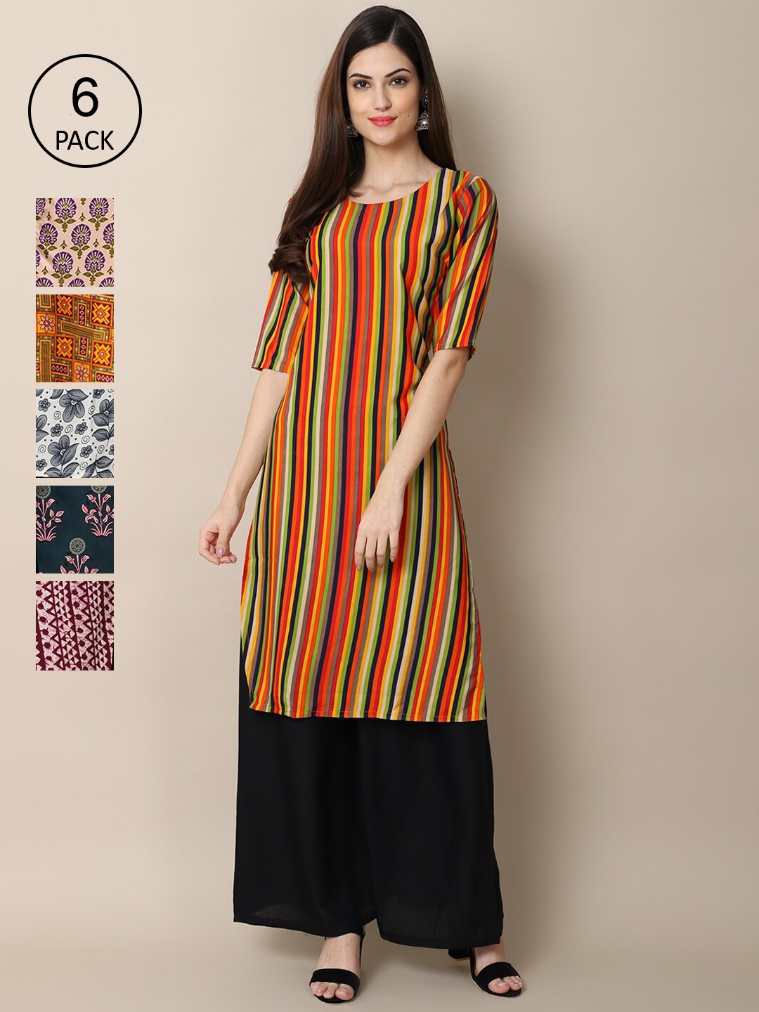 7Threads Women Pack Of 6 Multicoloured Striped Crepe Kurta, Multi