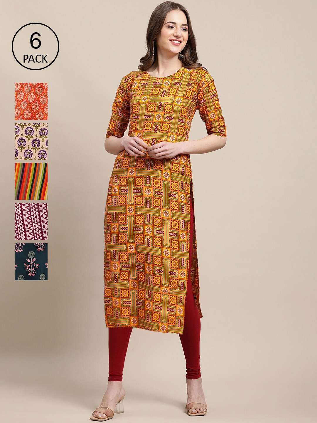 

7Threads Women Pack Of 6 Ethnic Motifs Printed Crepe Kurta, Yellow