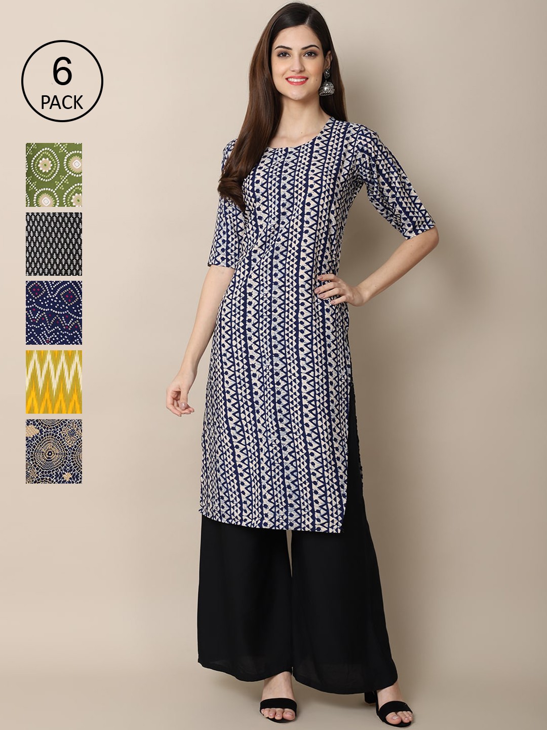 

7Threads Women Pack of 6 Black & Green Geometric Printed Crepe Kurta
