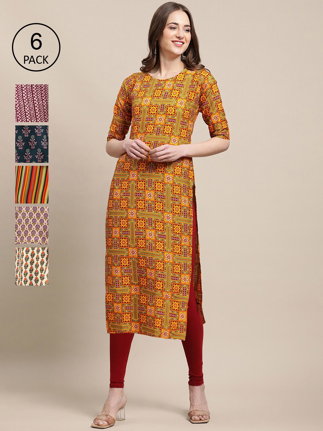 7Threads Women Pack of 6 Mustard Yellow & Pink Geometric Printed Crepe Kurta