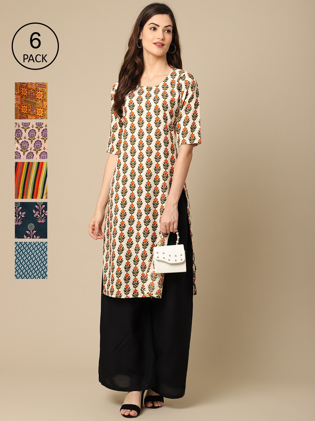 7Threads Women Pack of 6 Beige & Mustard Yellow Geometric Printed Crepe Kurta