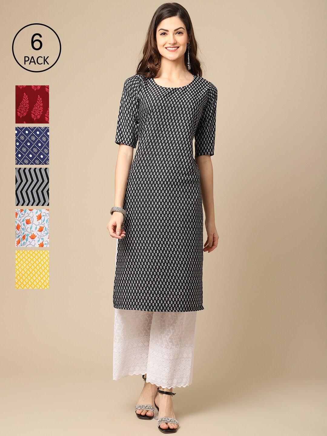 

7Threads PACK OF 6 Women Ethnic Motifs Printed Block Print Crepe Kurta, Yellow