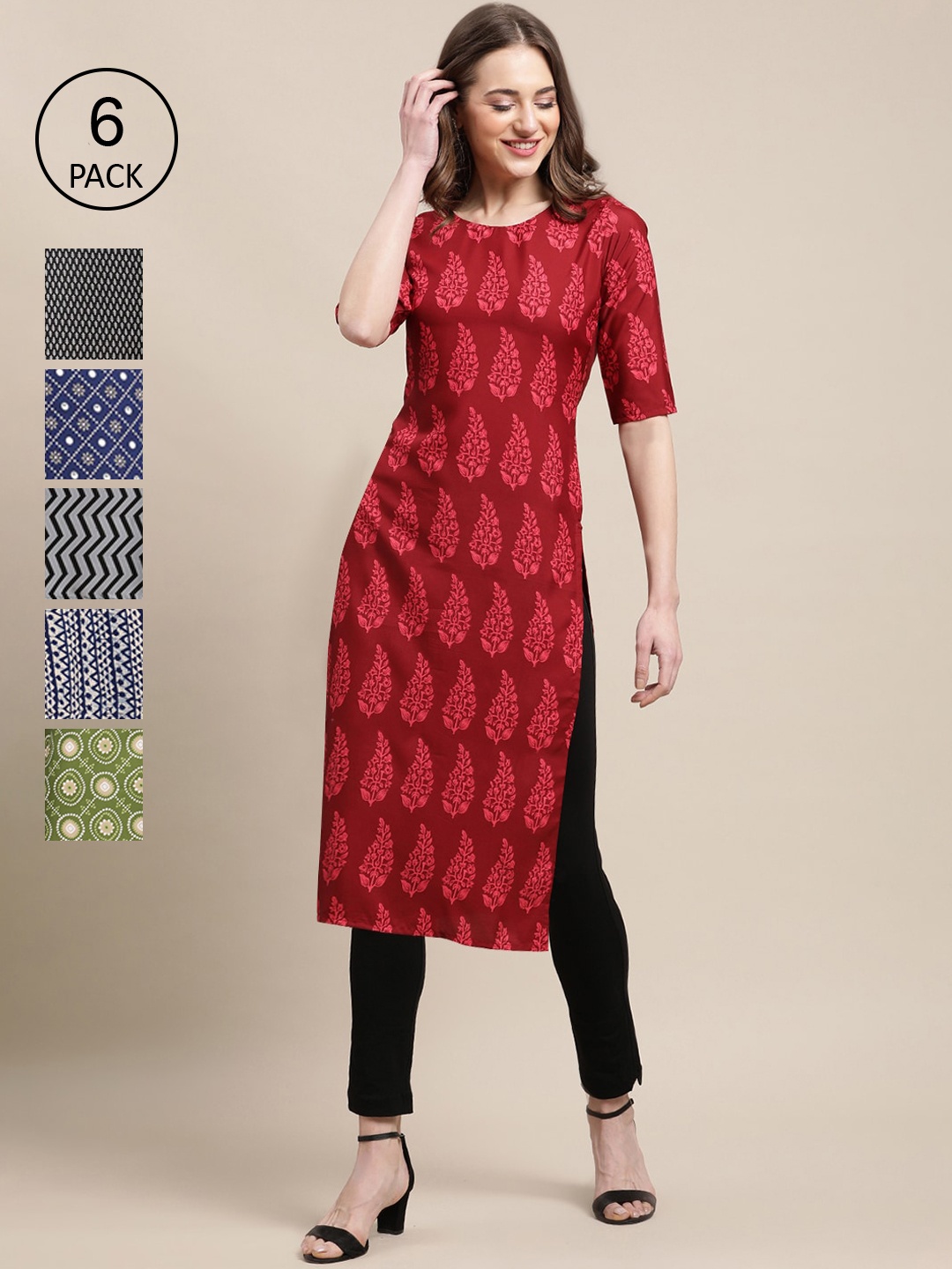 

7Threads PACK OF 6 Women Ethnic Motifs Printed Block Print Crepe Kurta, Multi