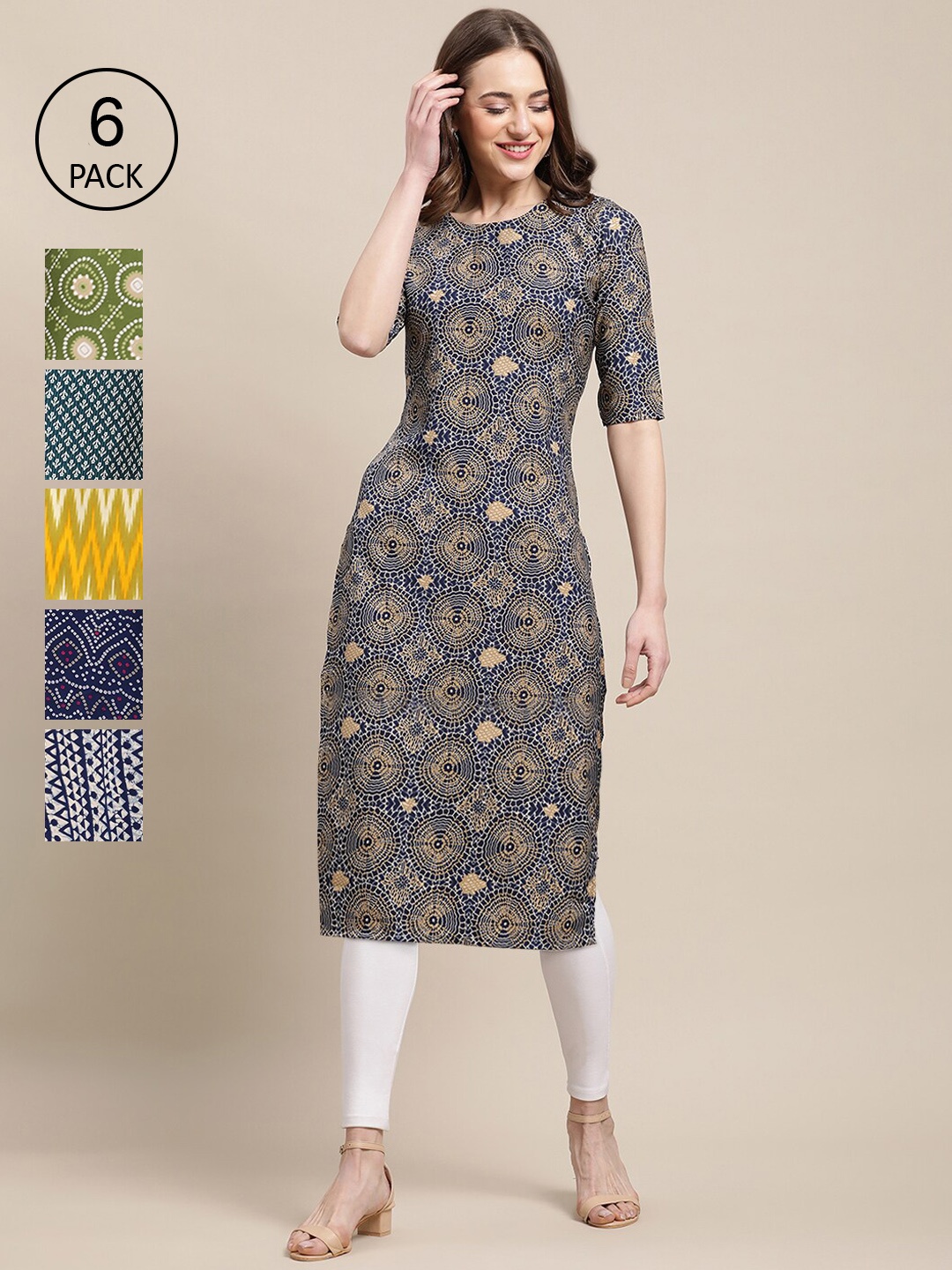 

7Threads PACK OF 6 Women Ethnic Motifs Printed Block Print Crepe Kurta, Green