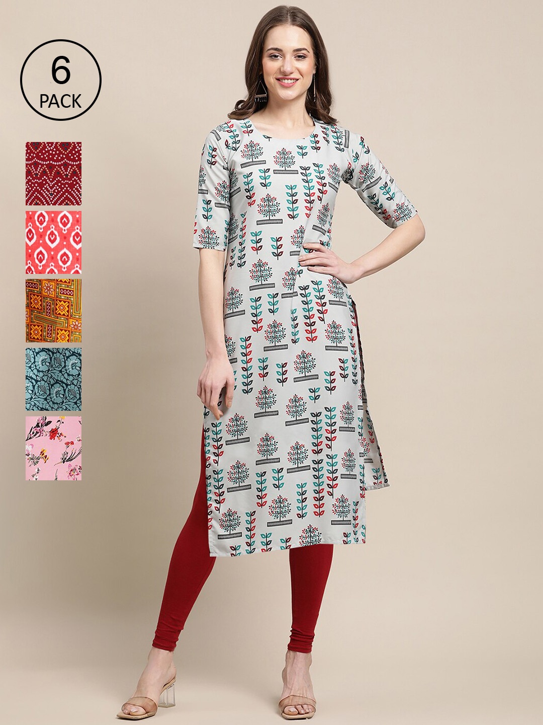 7Threads Women Pack Of 6 Printed Crepe Kurta, Multi