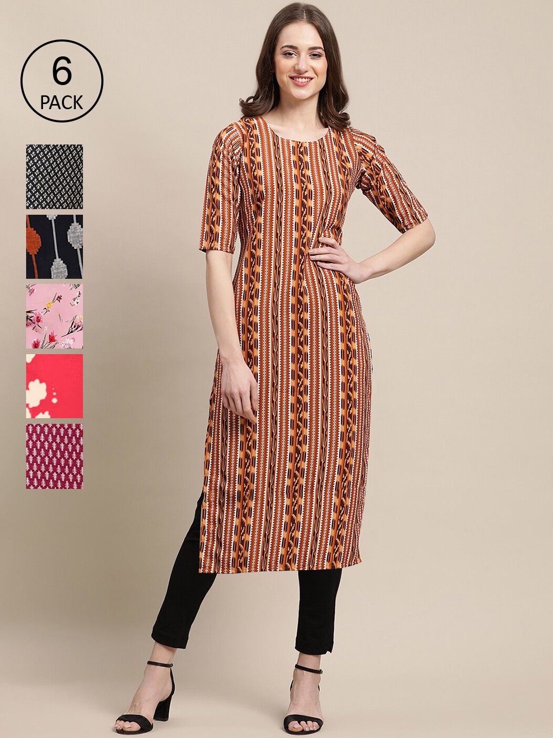 

7Threads Women Pink & Black Floral Printed Block Print Crepe Kurta