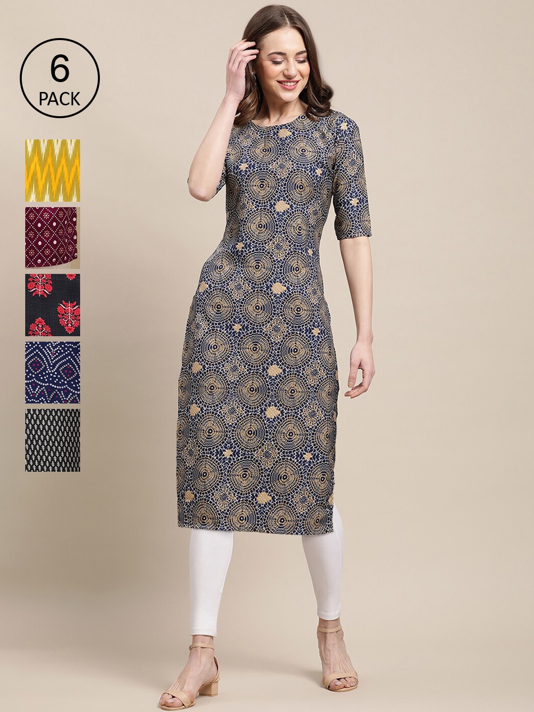 

7Threads Women Yellow & Blue Geometric Printed Crepe Kurta