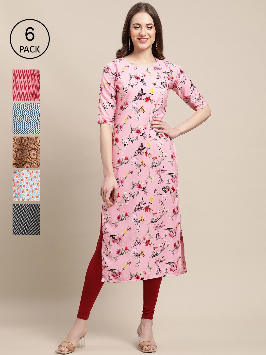 

7Threads Women Pack of 6 Geometric Printed Crepe Kurta, Pink