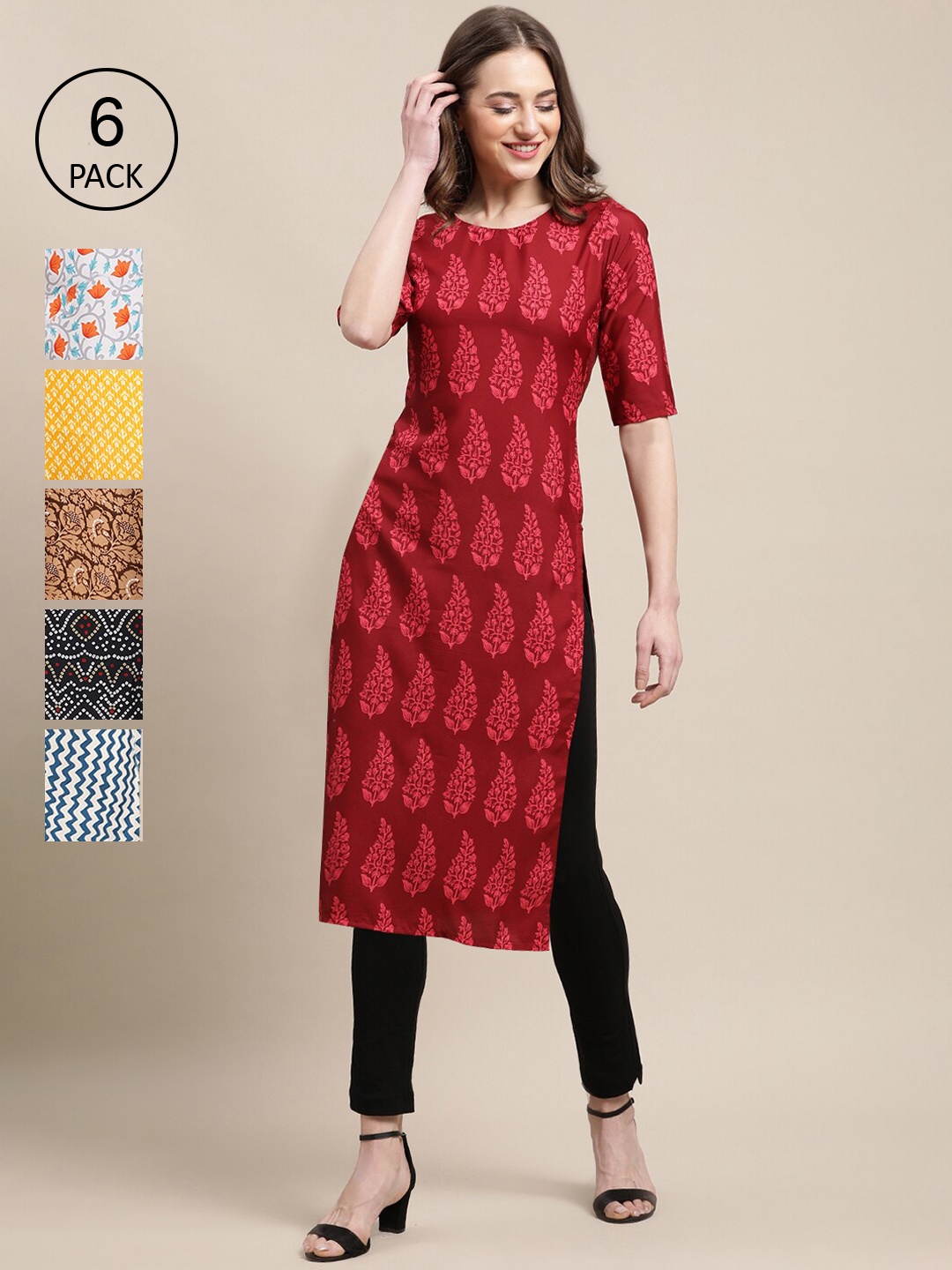 

7Threads Women Pack of 6 Geometric Printed Block Print Crepe Kurta, Red