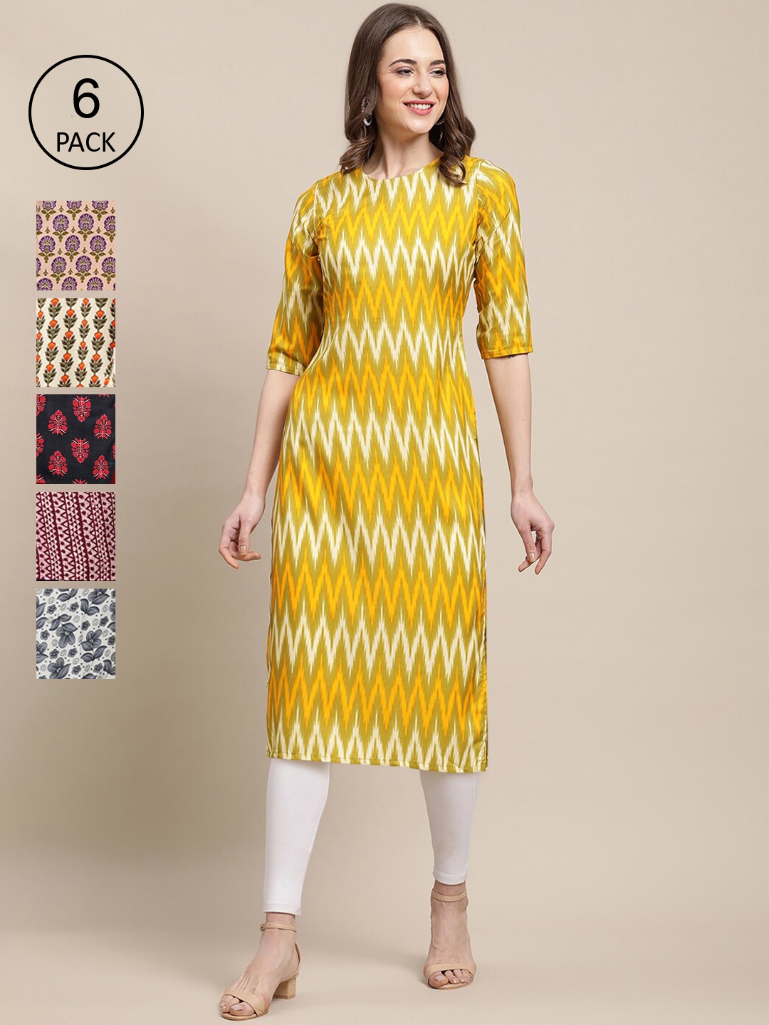 

7Threads Women Pack of 6 Ethnic Motifs Block Print Crepe Kurta, Yellow