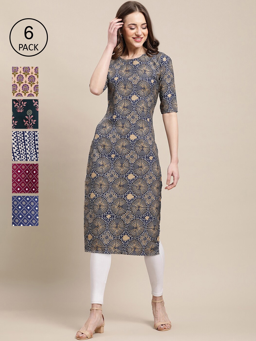 

7Threads Women Multicoloured Pack of 6 Digital Printed Straight Kurta, Multi
