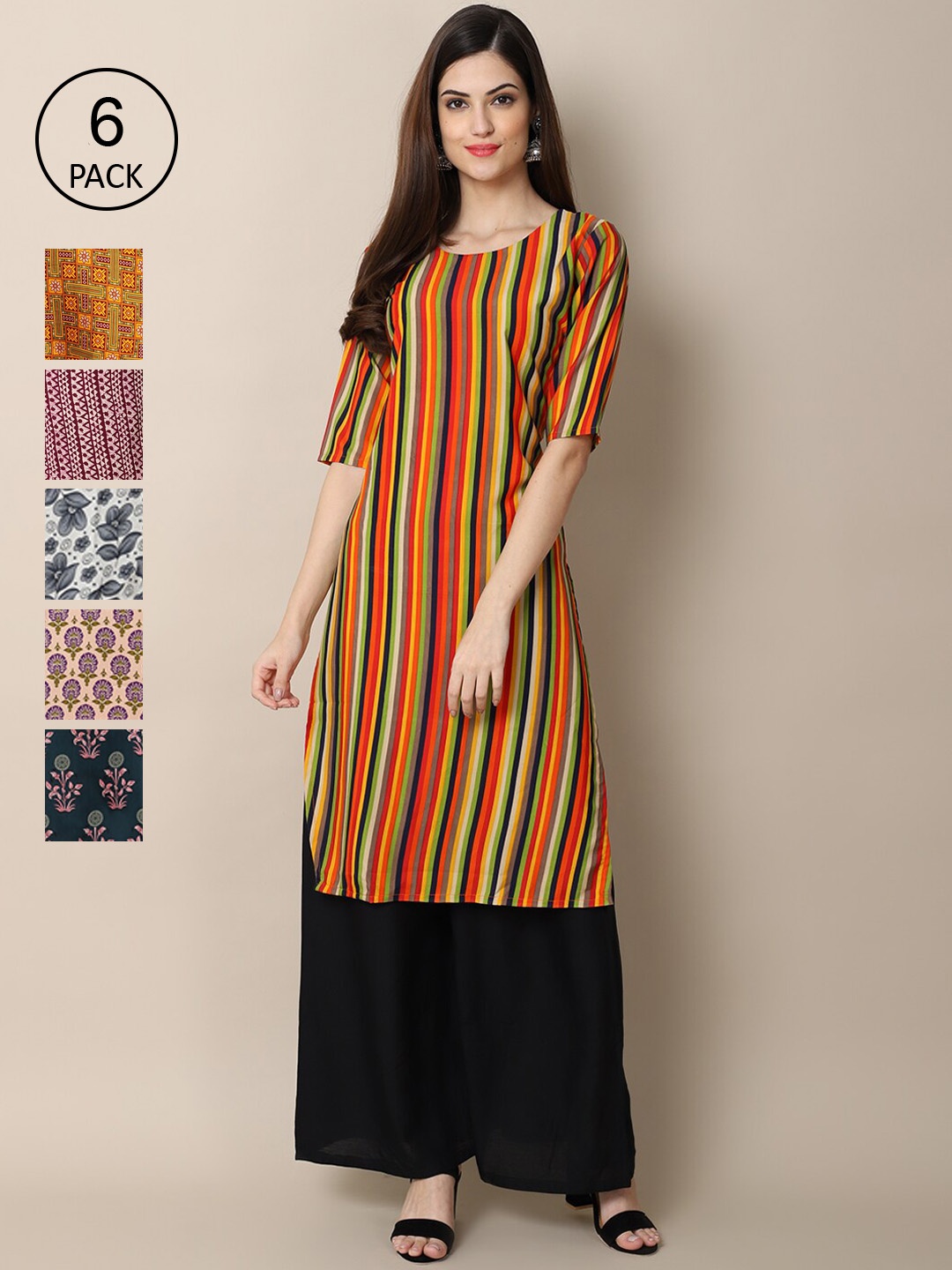 7Threads Women Multicoloured Pack of 6 Digital Printed Straight Kurta, Multi