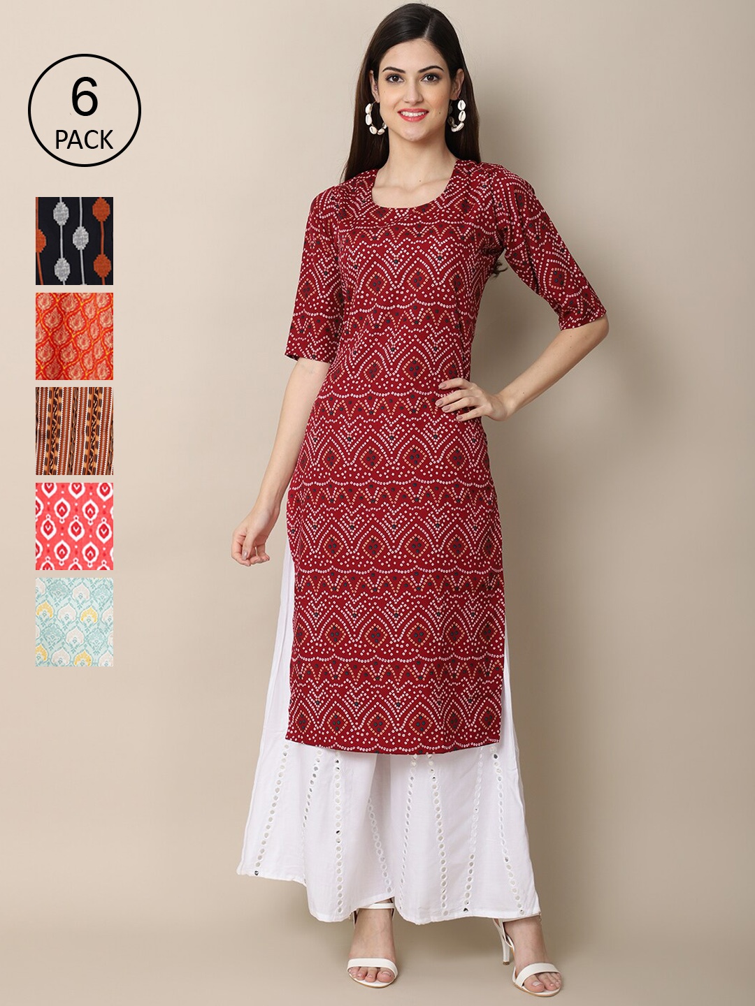 

7Threads Women Red & Black Pack Of 6 Geometric Printed Block Print Crepe Kurta