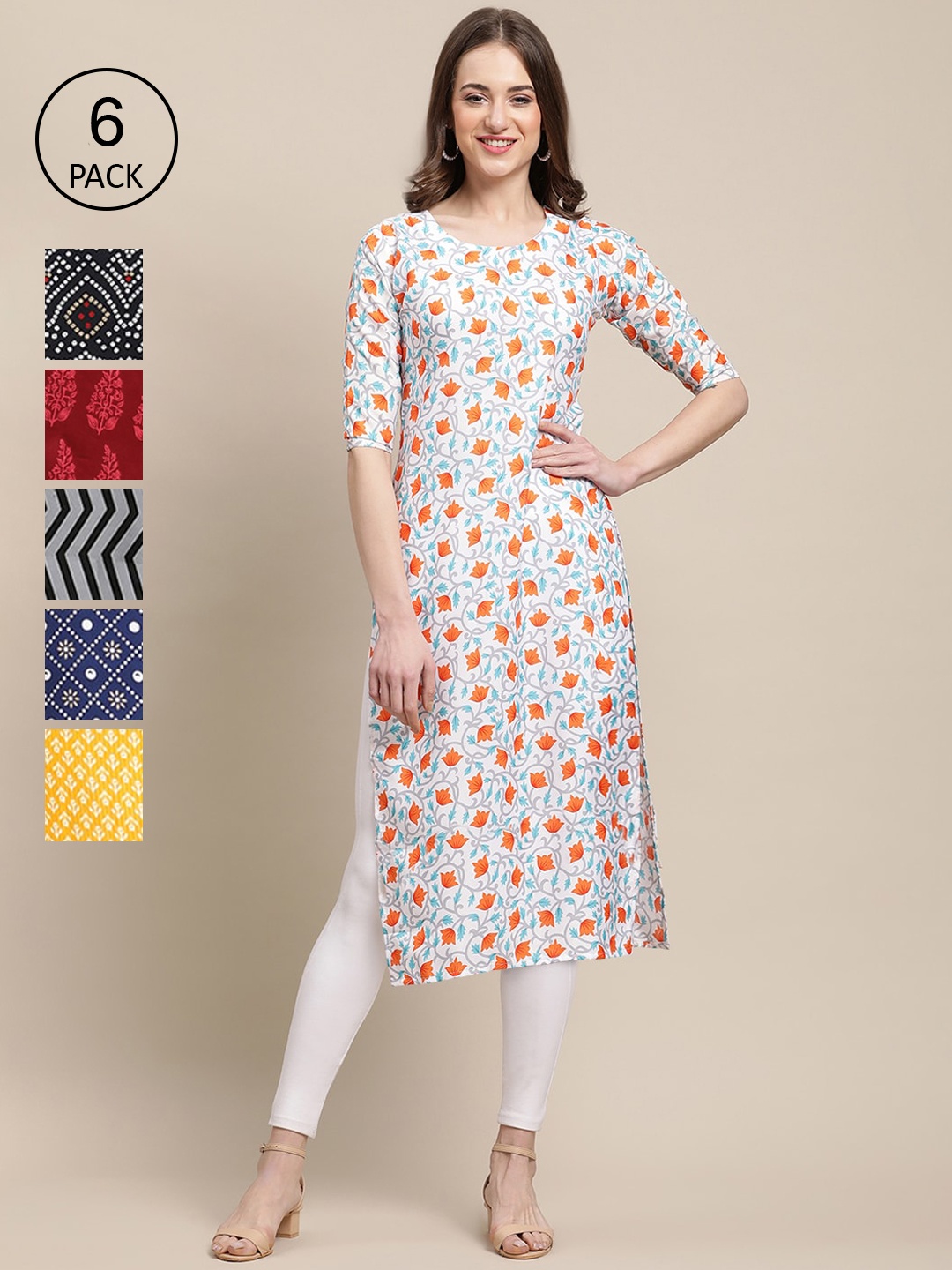 

7Threads Women Black & Red Pack Of 6 Geometric Printed Block Print Crepe Kurta