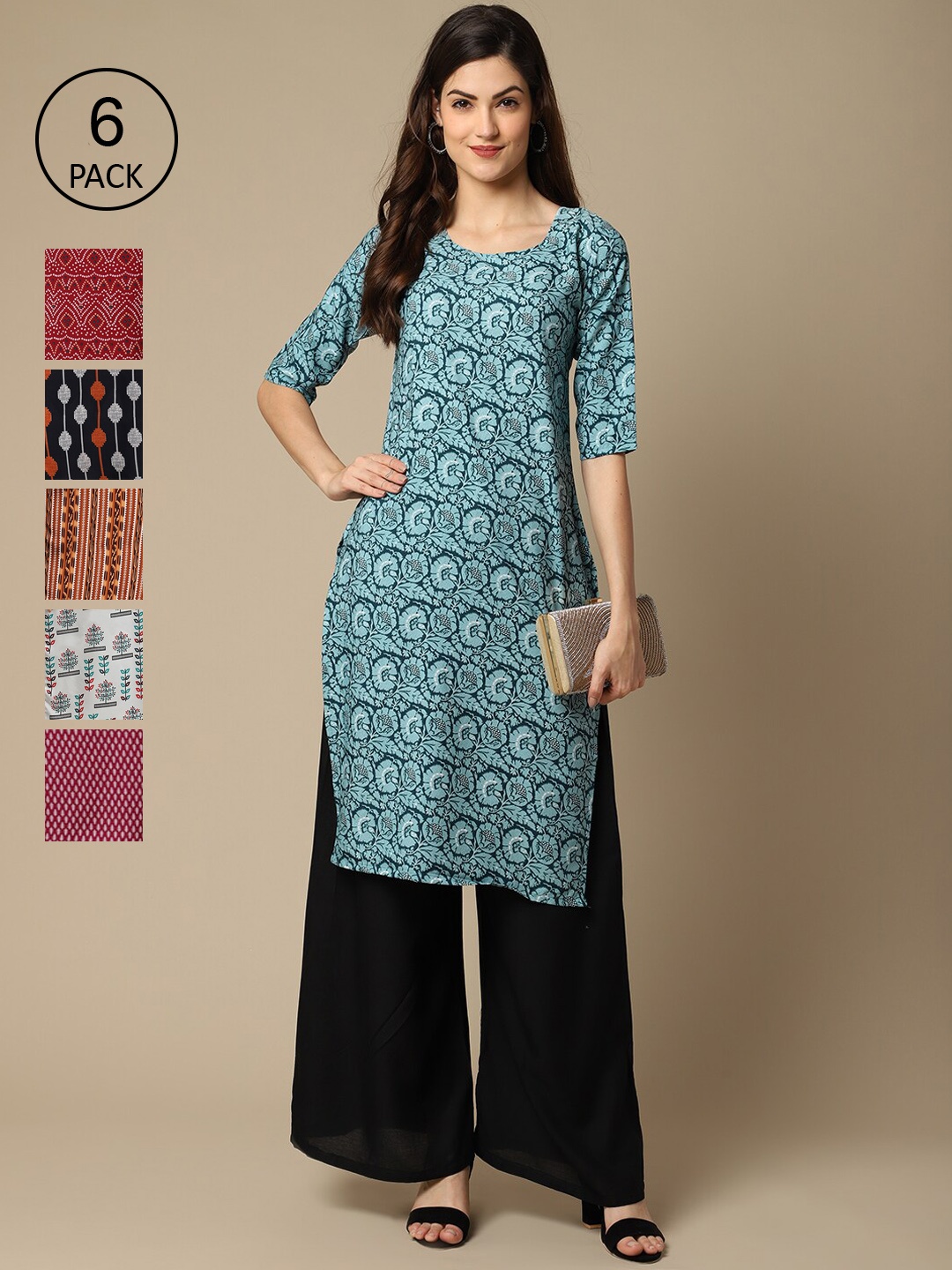 

7Threads Women Blue & Pink Pack Of 6 Geometric Printed Block Print Crepe Kurta