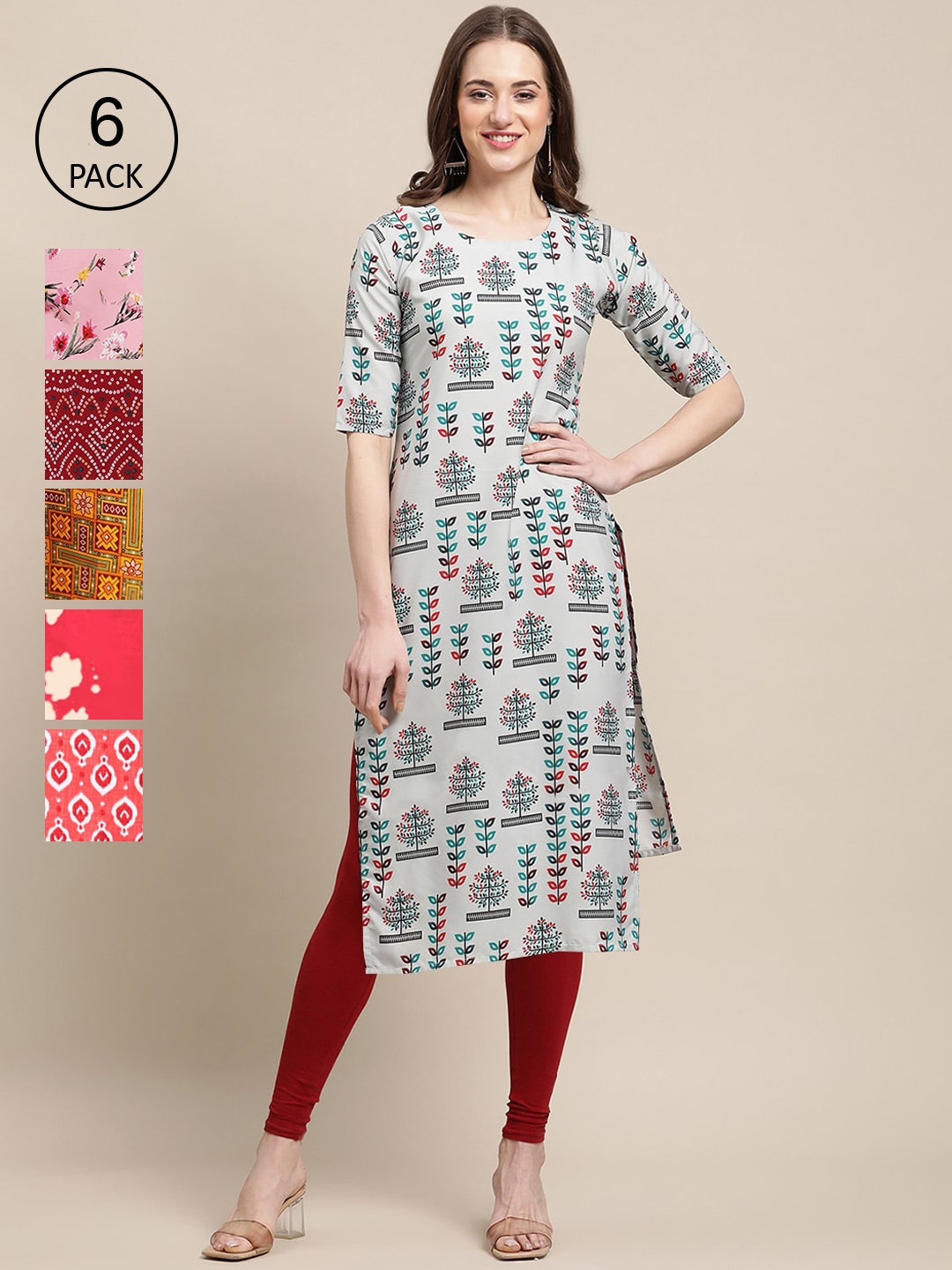 

7Threads Women Red & Yellow Pack Of 6 Geometric Printed Block Print Crepe Kurta