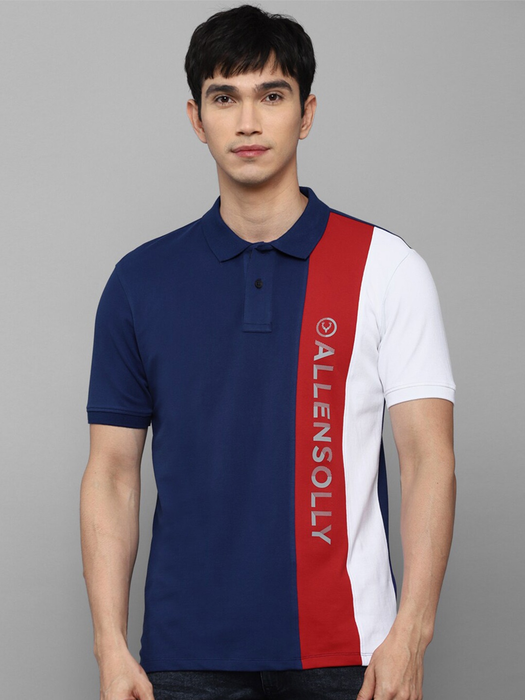 

Allen Solly Men Blue & Red Colourblocked Polo Collar Cotton T-shirt