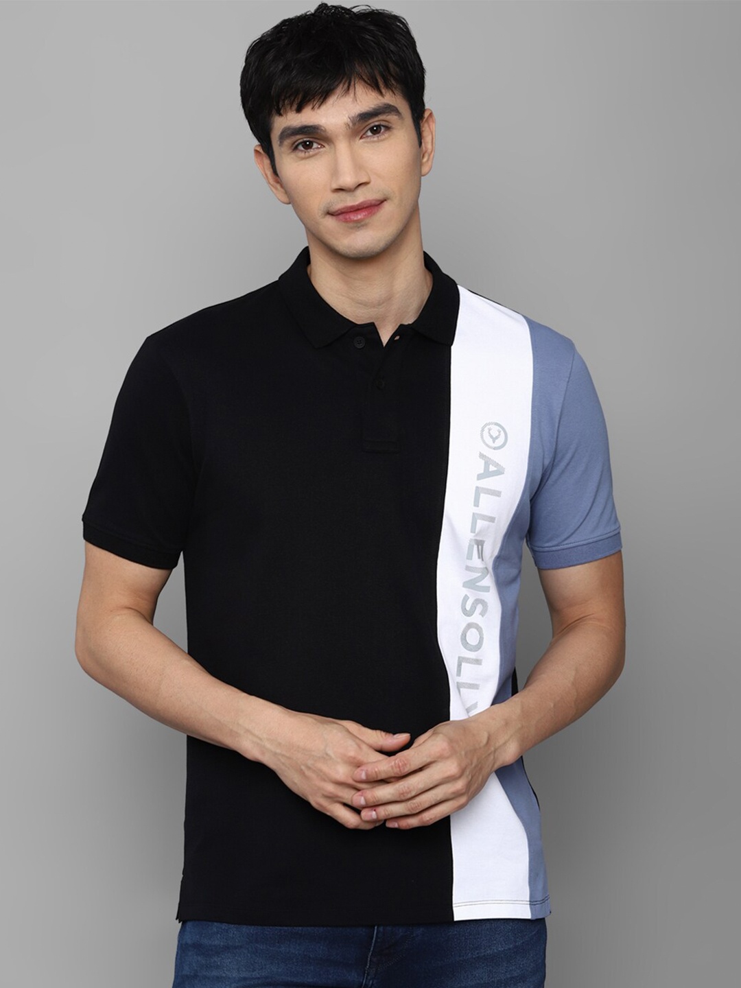 

Allen Solly Men Black & White Colourblocked Cotton Polo Collar T-shirt