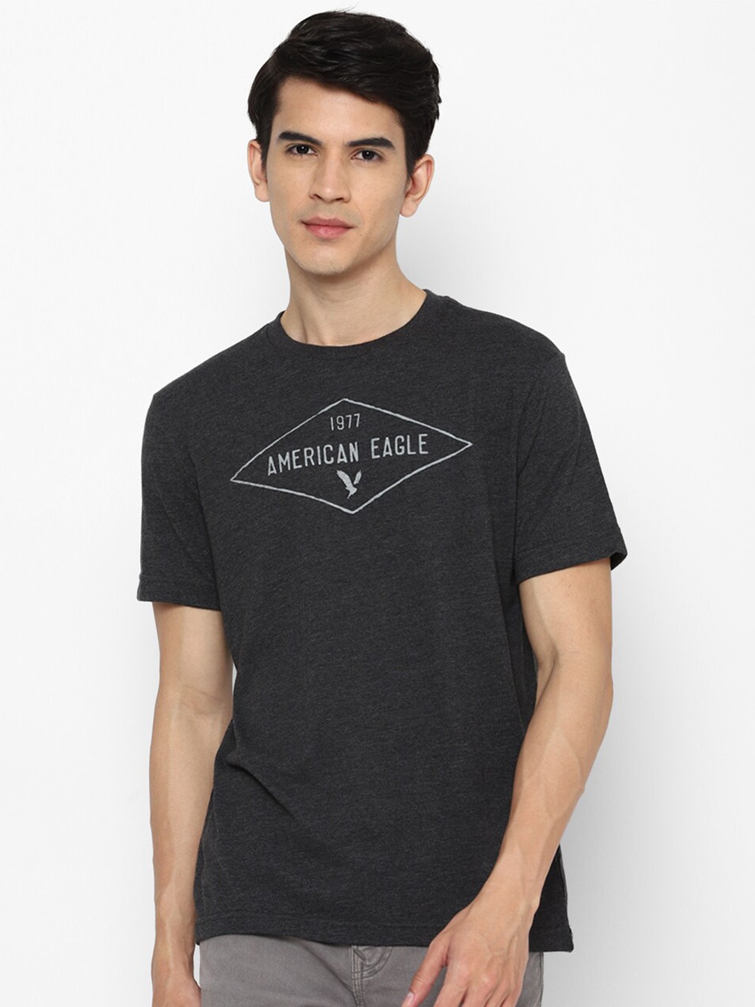 

AMERICAN EAGLE OUTFITTERS Men Charcoal Typography Printed Cotton T-shirt