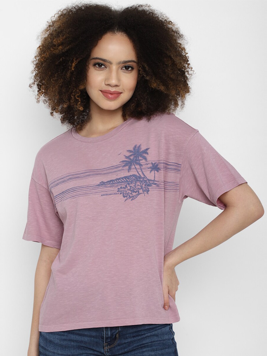

AMERICAN EAGLE OUTFITTERS Women Purple Printed Pure Cotton T-shirt