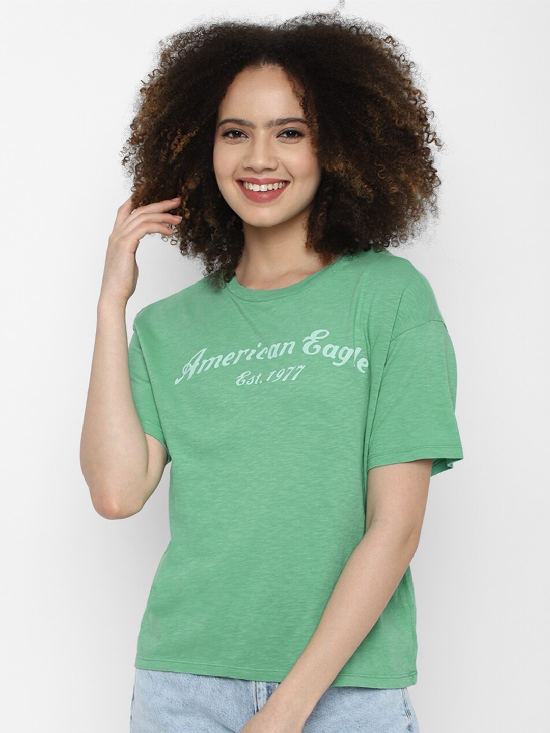 

AMERICAN EAGLE OUTFITTERS Women Green Typography Printed Cotton T-shirt