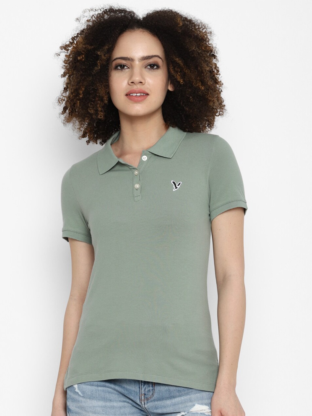 

AMERICAN EAGLE OUTFITTERS Women Green Polo Collar T-shirt
