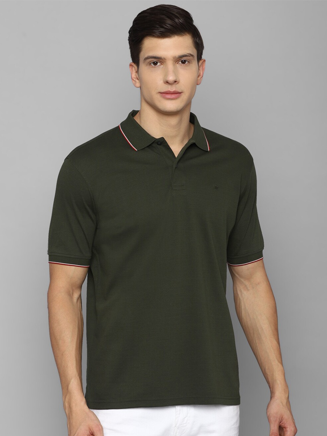 

Louis Philippe Men Olive Green Solid Polo Collar T-shirt