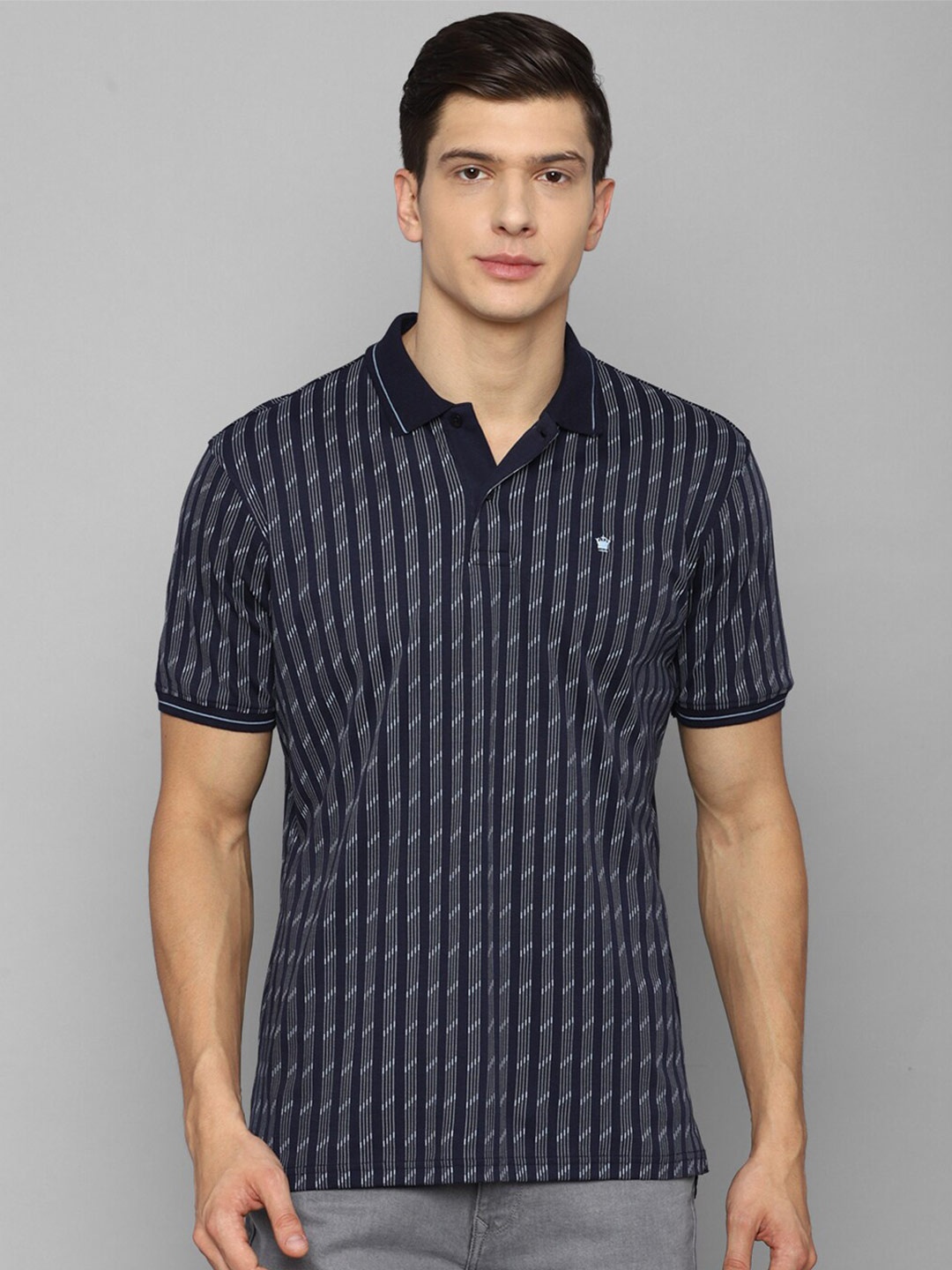 

Louis Philippe Men Navy Blue Striped Polo Collar Cotton T-shirt