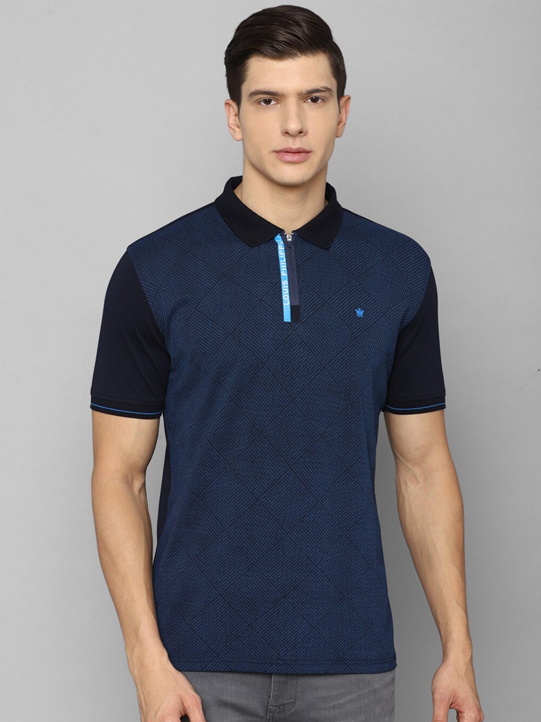 

Louis Philippe Men Navy Blue & Turquoise Blue Printed Polo Collar T-shirt
