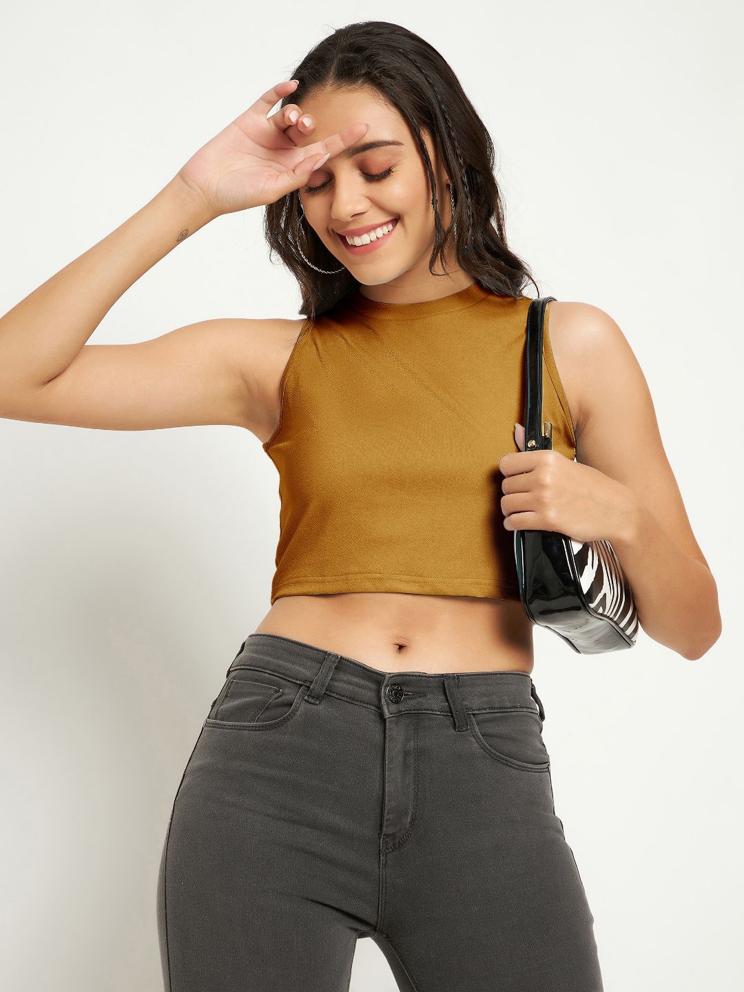 

Uptownie Lite Women Stretchable High Neck Crop Top, Mustard