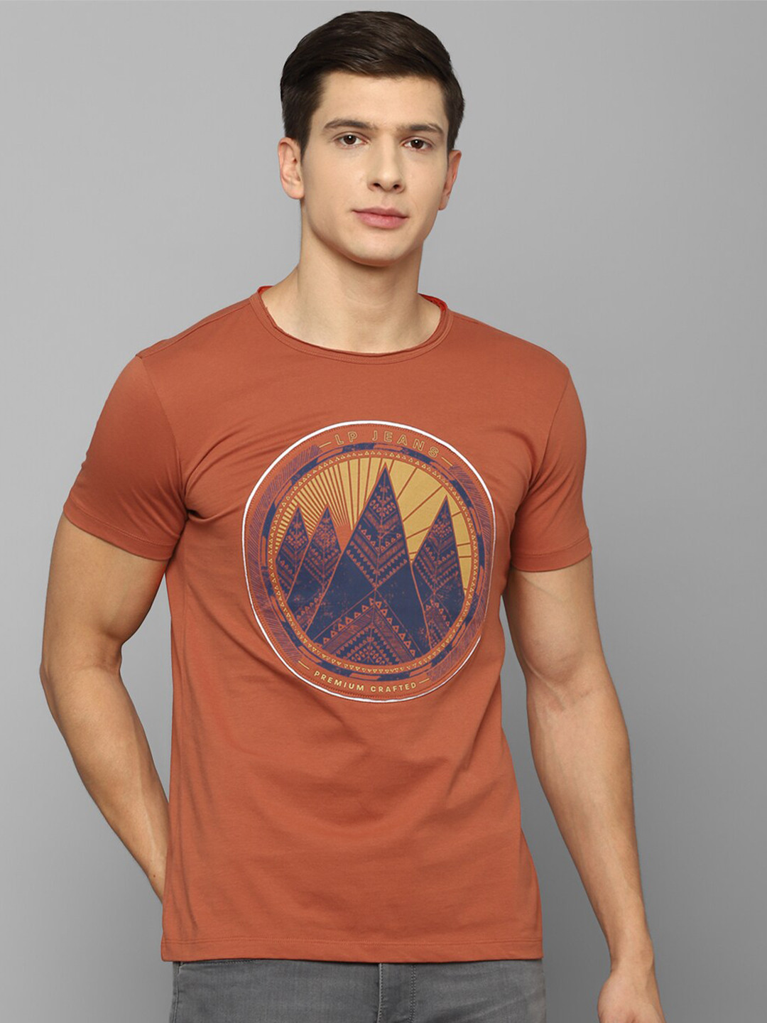 

Louis Philippe Jeans Men Orange Printed Slim Fit T-shirt