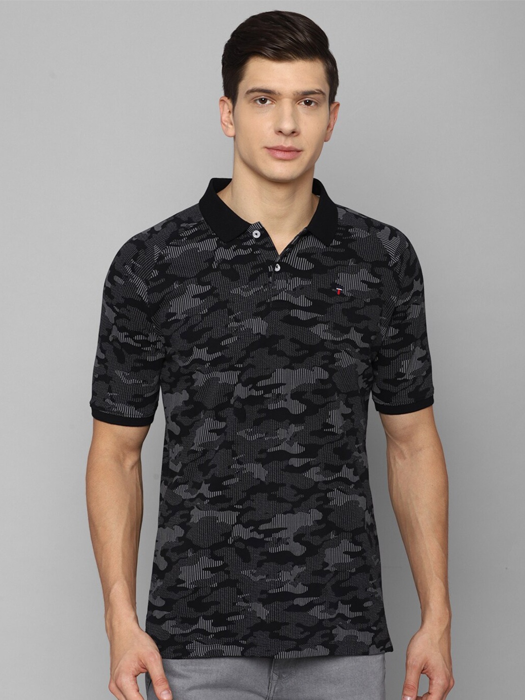 

Louis Philippe Jeans Men Grey Camouflage Printed Polo Collar Slim Fit T-shirt