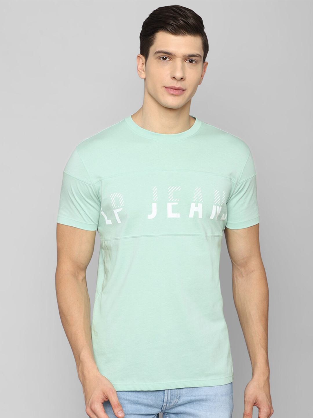 

Louis Philippe Jeans Men Sea Green Typography Printed Slim Fit T-shirt