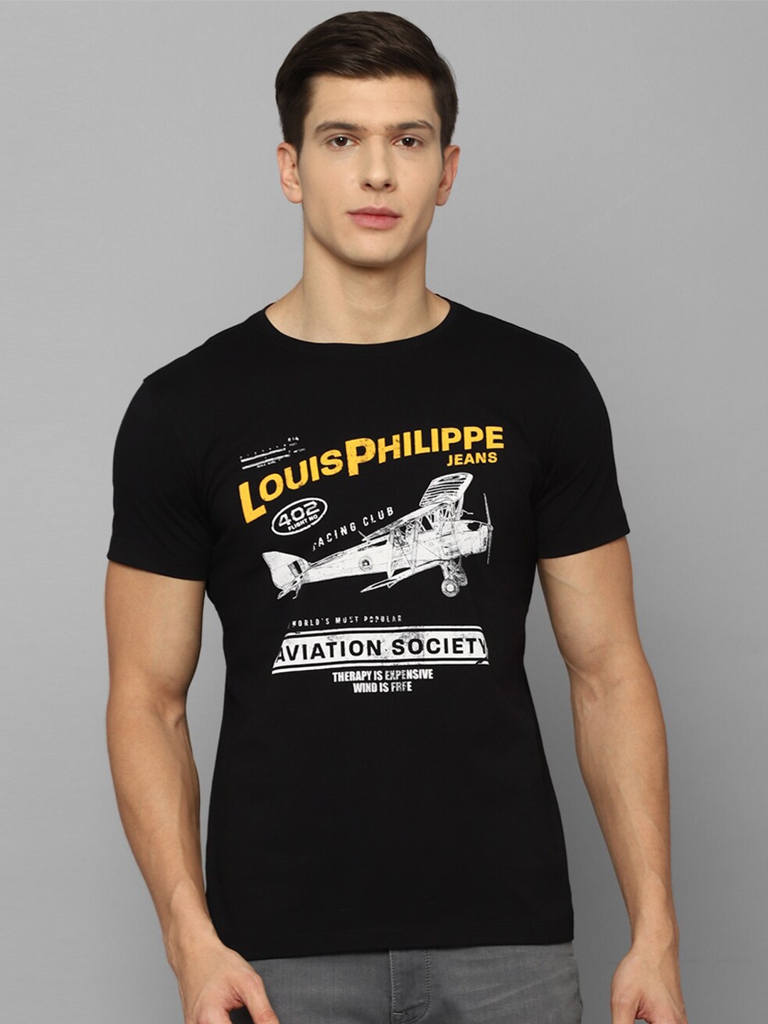 

Louis Philippe Jeans Men Black Typography Printed Slim Fit T-shirt