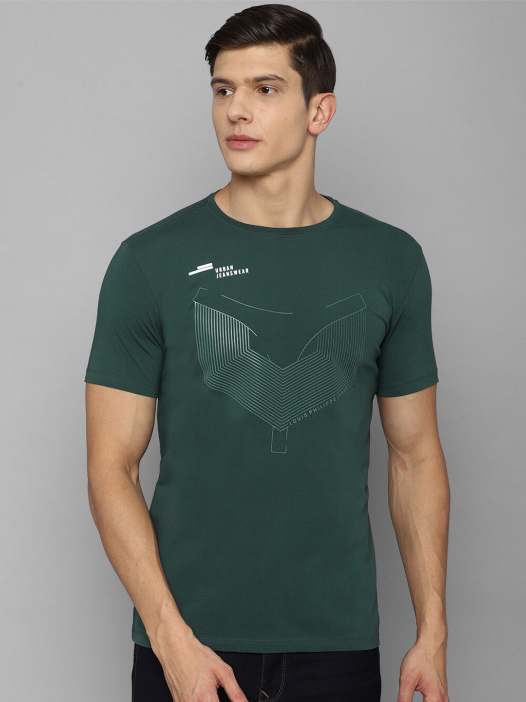 

Louis Philippe Jeans Men Green Printed Pure Cotton Slim Fit T-shirt