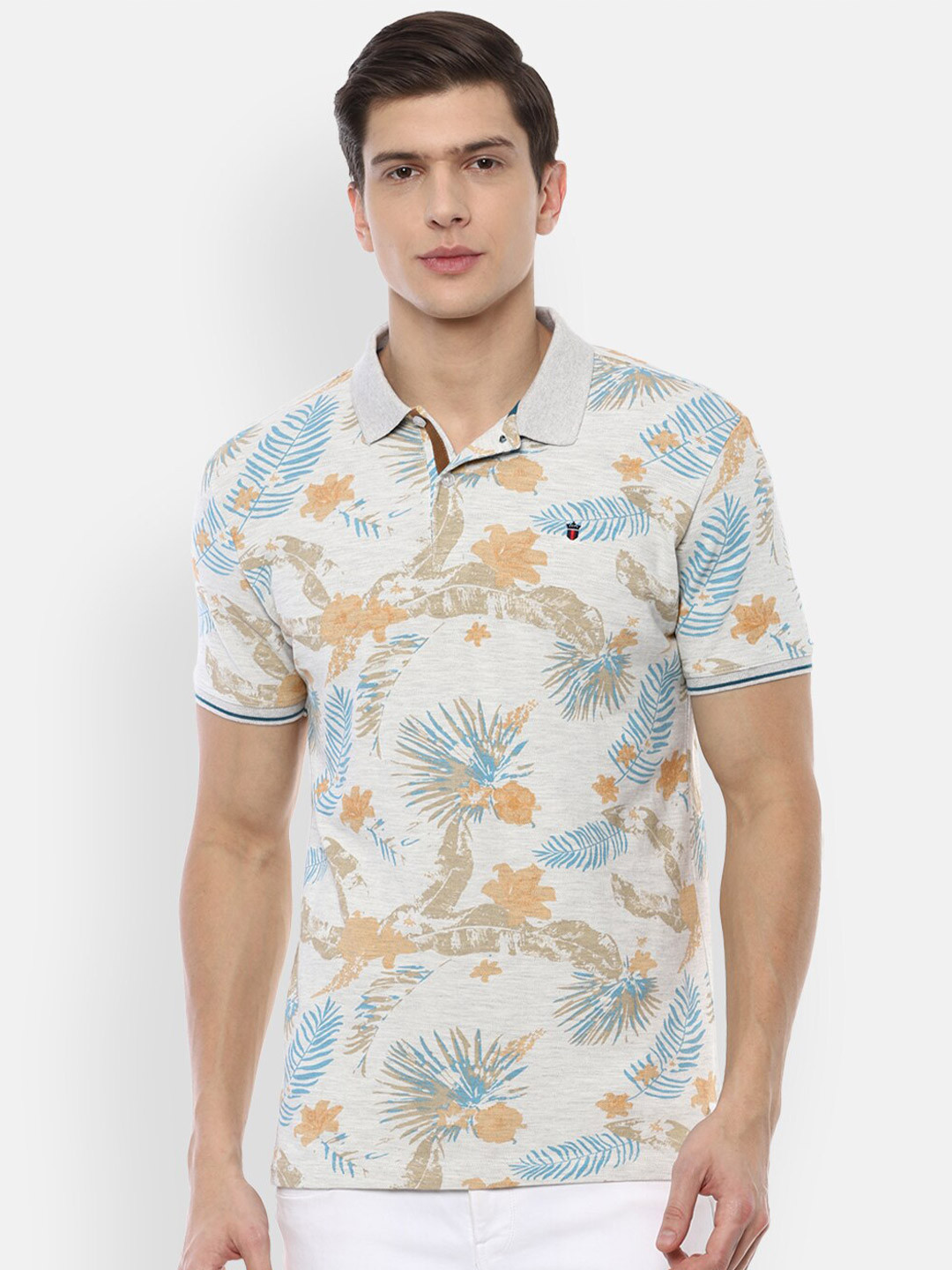 

Louis Philippe Jeans Men Beige & Blue Tropical Printed Polo Collar Cotton T-shirt