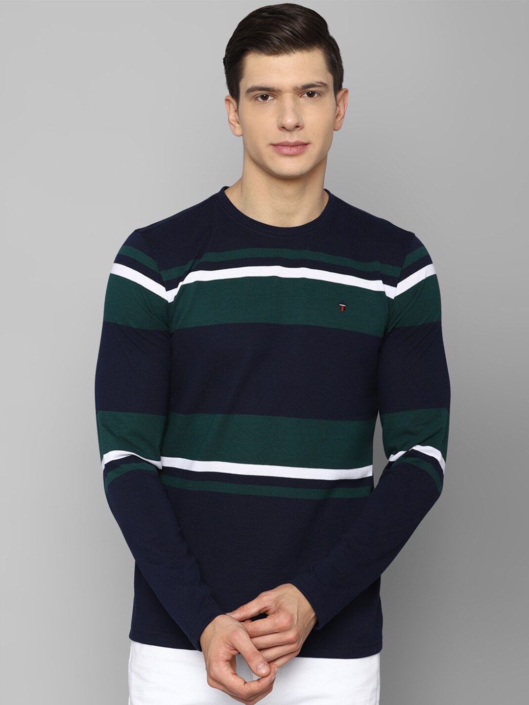 

Louis Philippe Sport Men Navy Blue Striped Slim Fit T-shirt