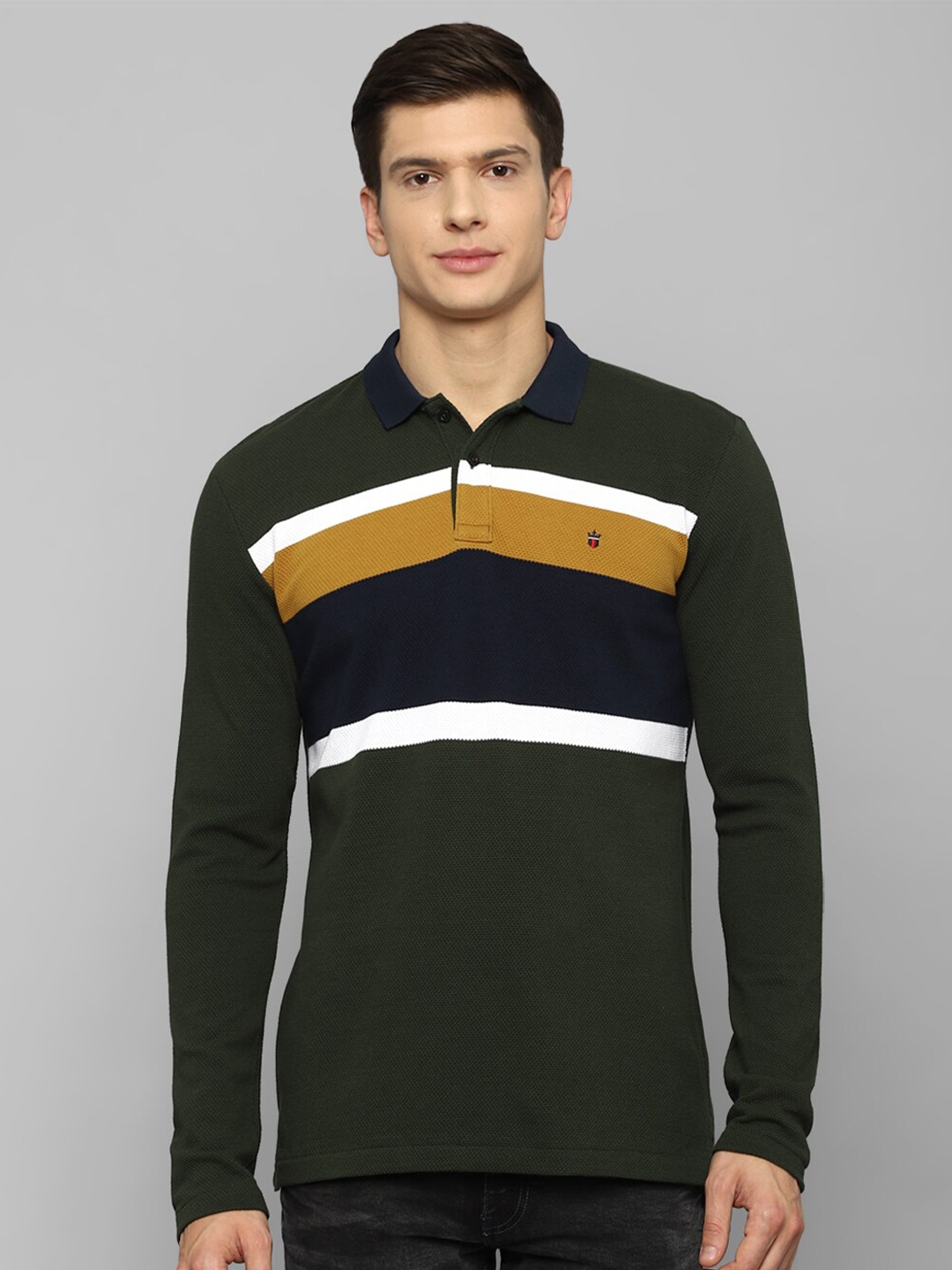

Louis Philippe Men Olive Green Striped Polo Collar Slim Fit T-shirt