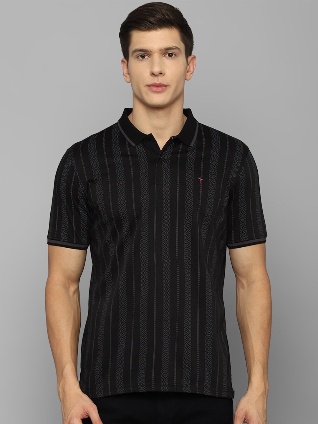 

Louis Philippe Sport Men Black & Grey Striped Polo Collar Slim Fit T-shirt